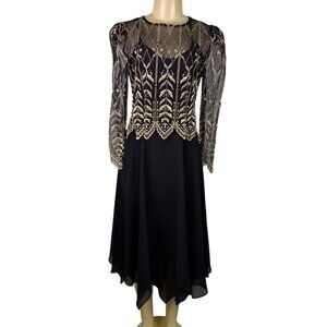 Cachet Womens Black & Gold Lace Mesh Long Sleeve Embroidered Cocktail Dress Size